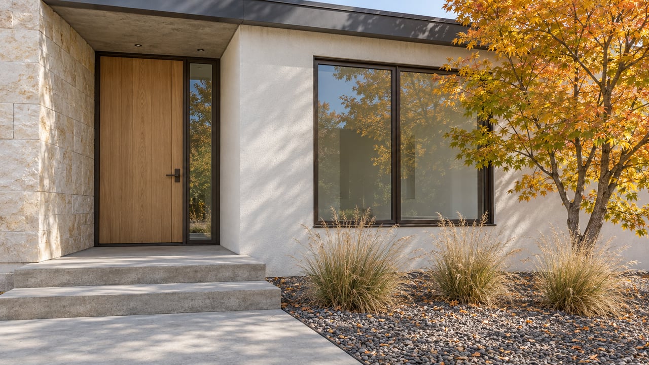 Contemporary home entry with a wood door, limestone wall, bronze-framed window and an autumn-colored maple beside a concrete approach.
