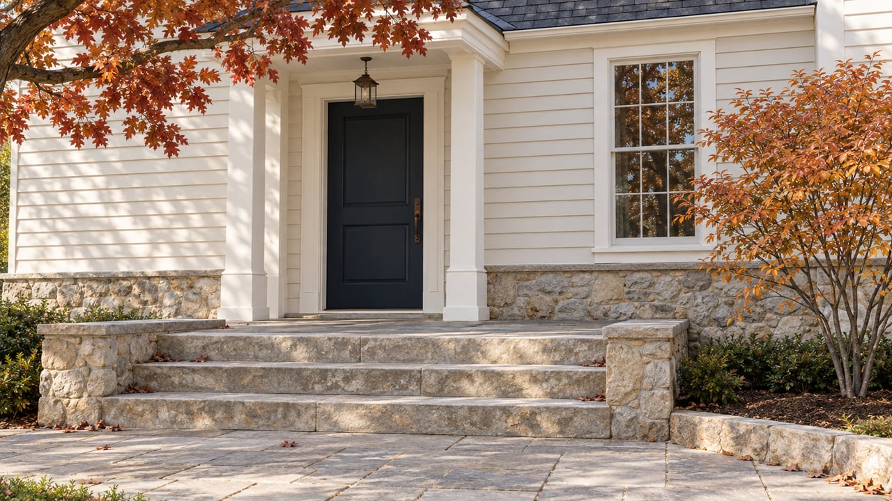 Cream clapboard entry with a navy door, limestone steps, and rusty autumn oak leaves overhead.