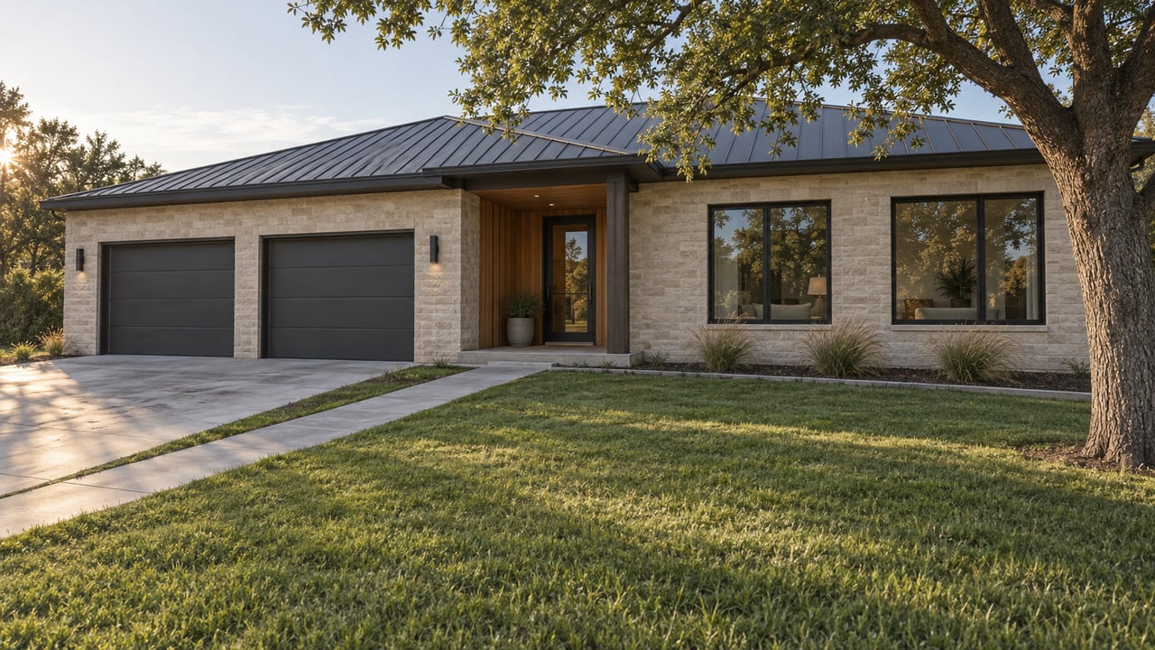 Taupe masonry house with twin charcoal garage doors, recessed wood entry, and a mature oak beside the lawn.
