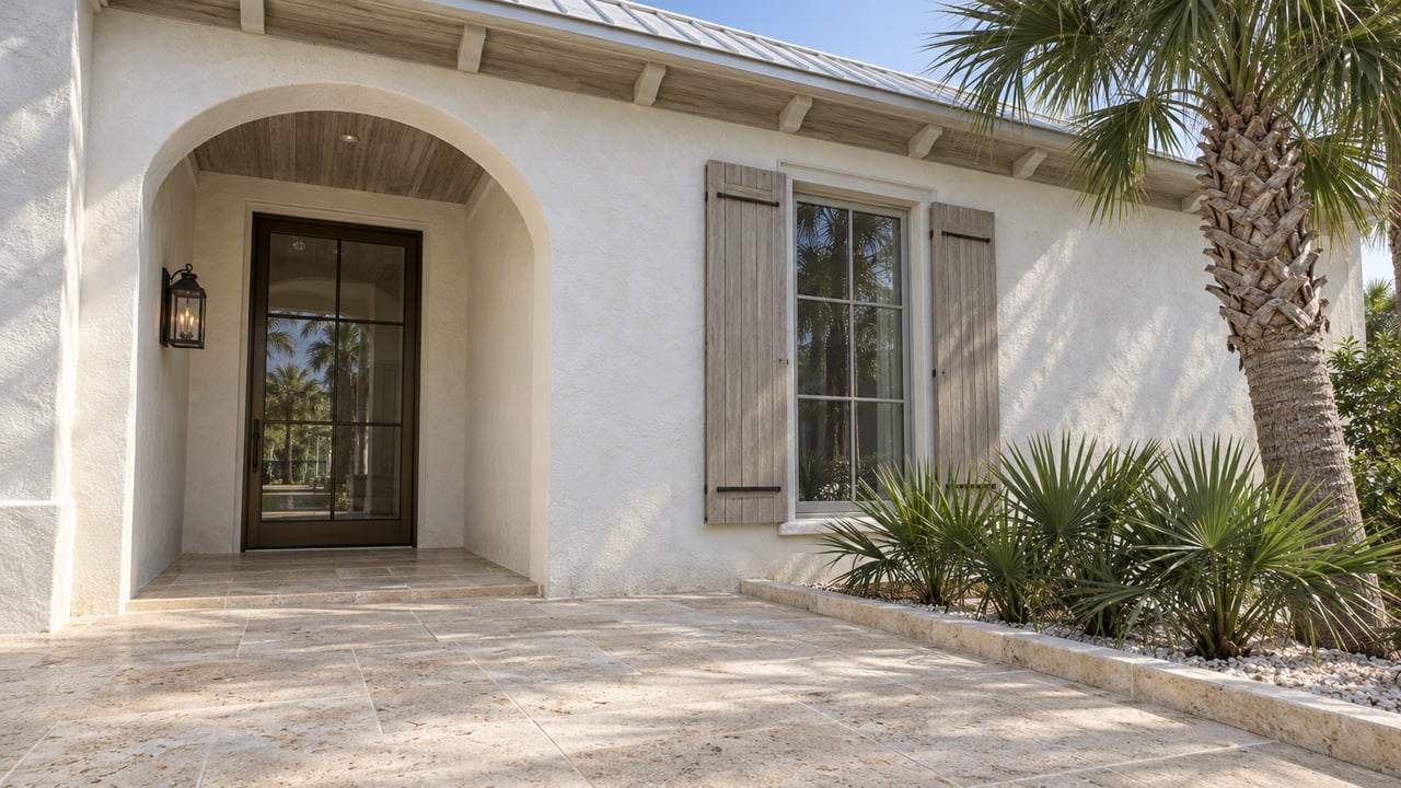 Sunlit white stucco beach-house entry with a deep arch, pale shutters, limestone terrace and sculptural palms.