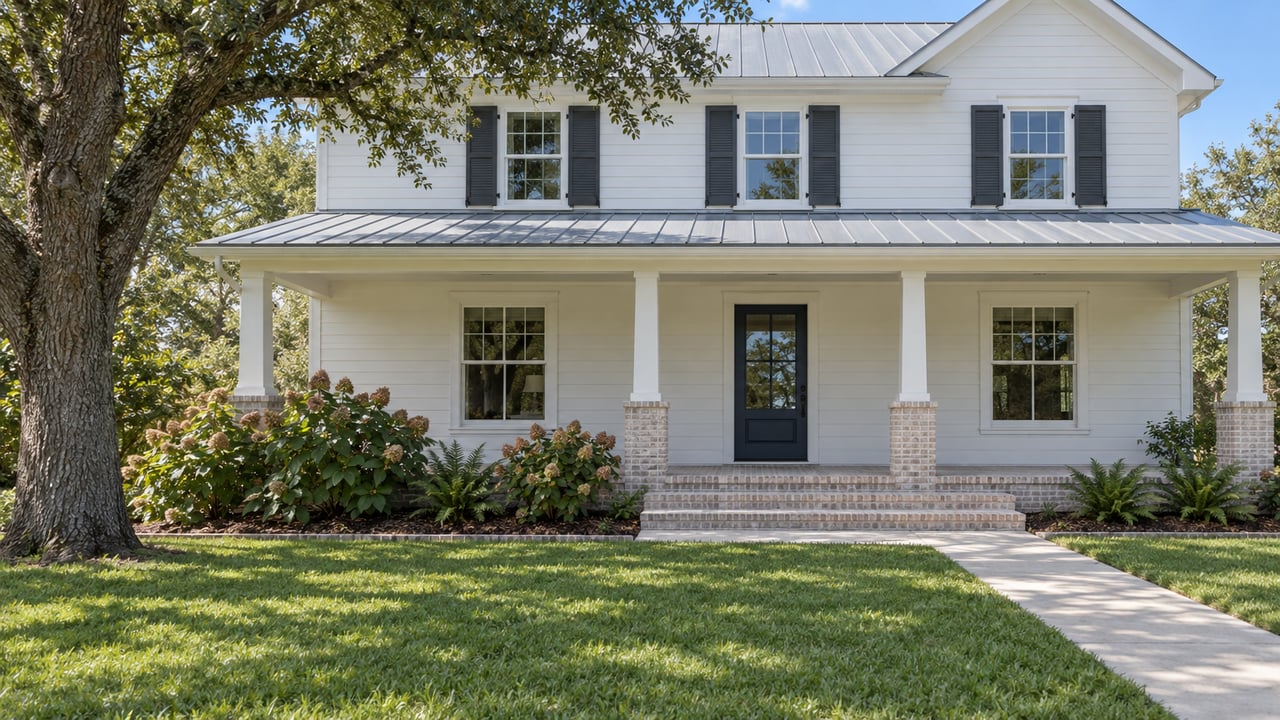 White two-story home with a covered brick porch, deep green front lawn, live oak and carefully edged planting beds in bright daylight.