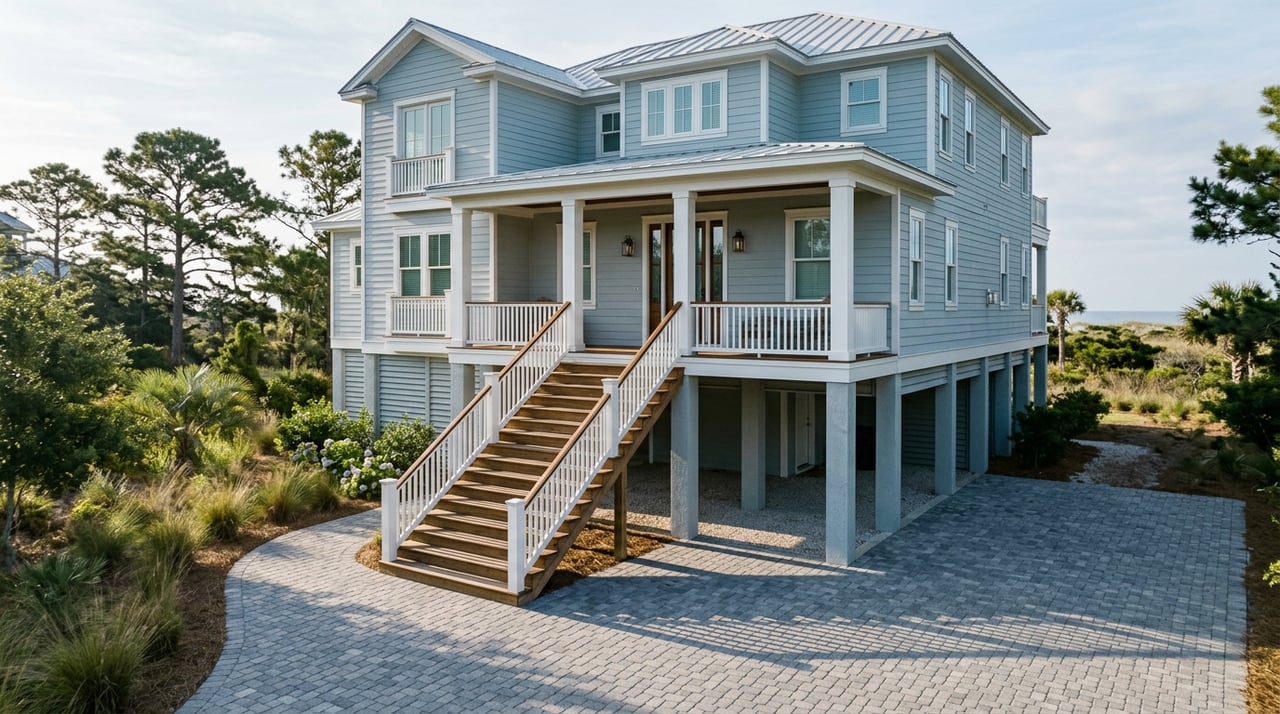 Elevated coastal home with grey shingle siding, metal roof, raised porch and stairs above a flagstone motor court.