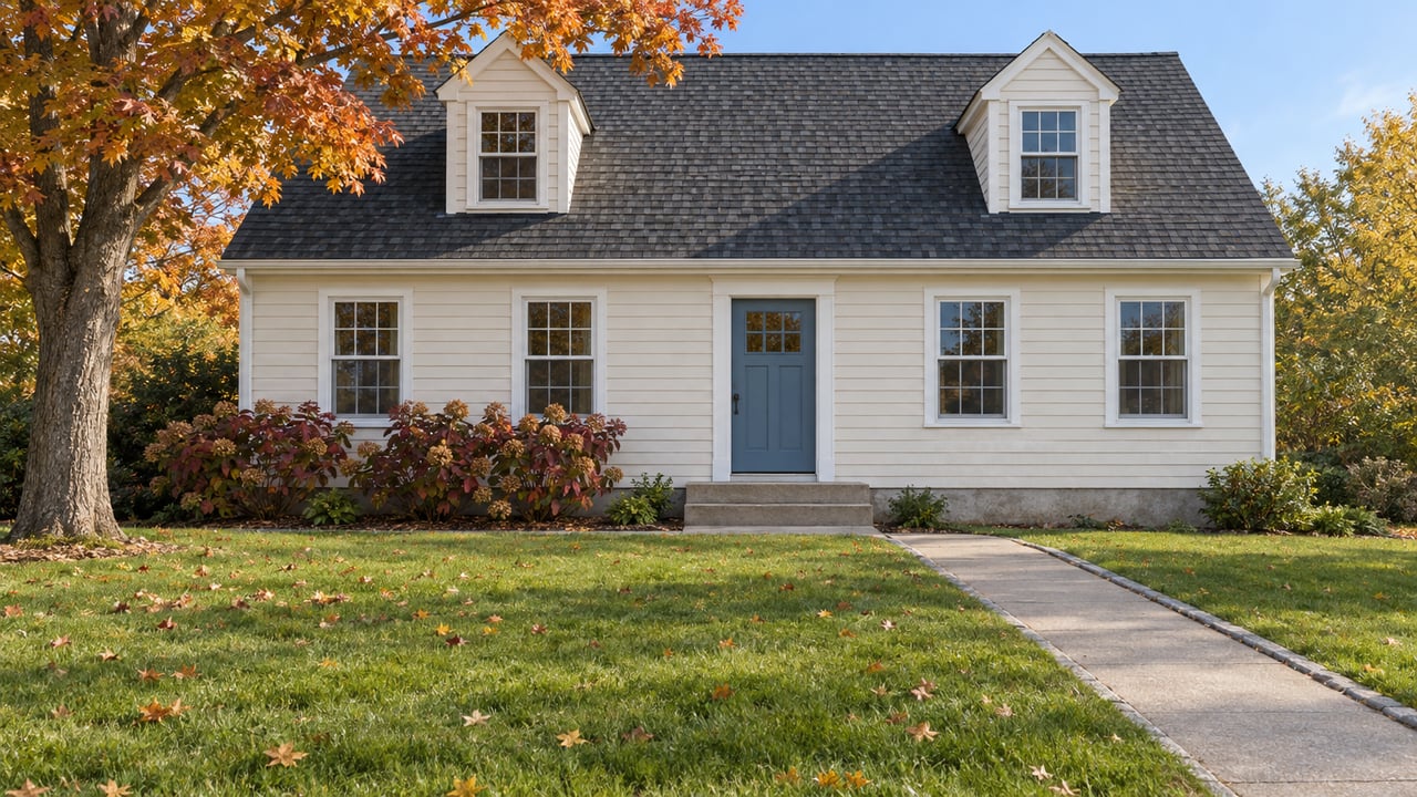 Cream clapboard house with paired dormers, blue front door, and a deep lawn beneath a golden sugar maple.