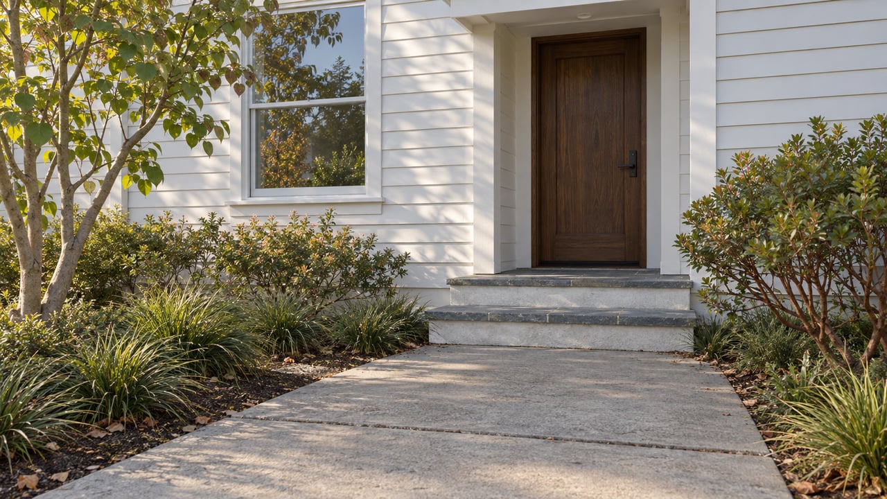 White-sided home entrance with a dark oak door, glazed window, bluestone steps, and concrete walk.