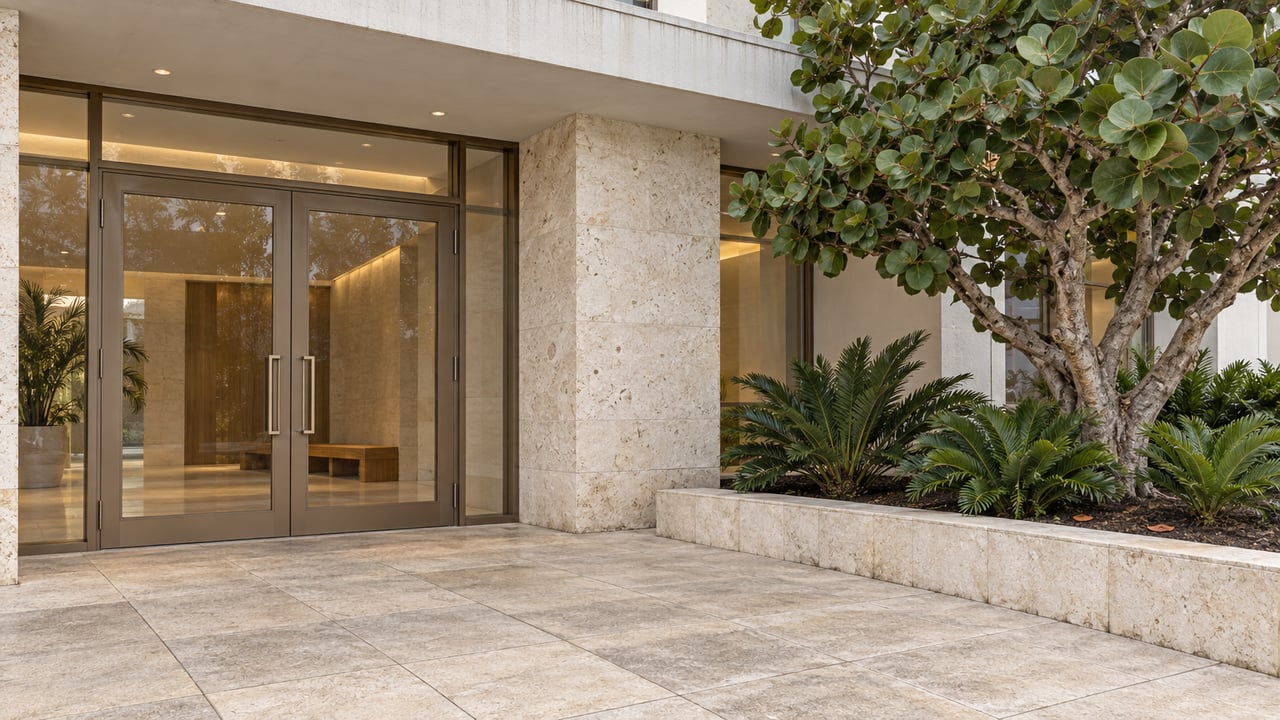 Glazed condominium entrance beneath a white canopy, with weathered limestone, a sea-grape tree and a raised planting bed beside a paved forecourt.