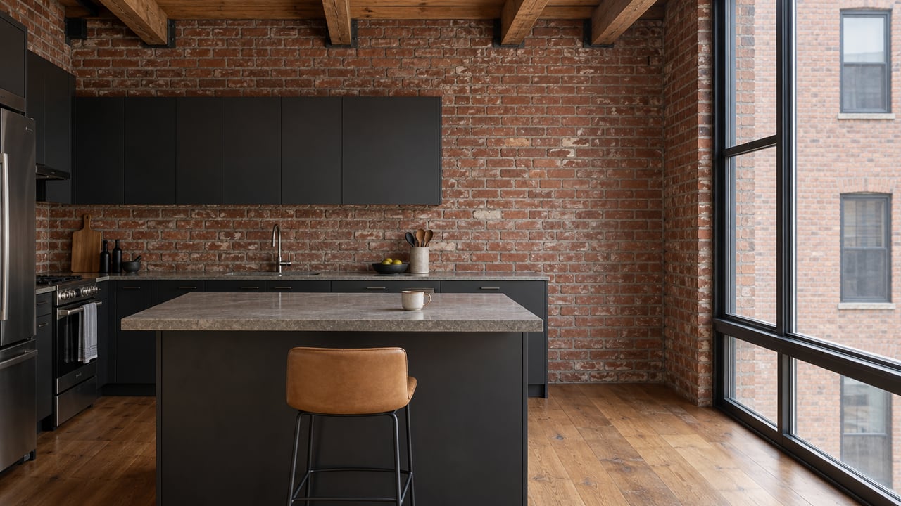 Compact brick-and-timber kitchen with a stone island, leather stool, and steel-framed window.