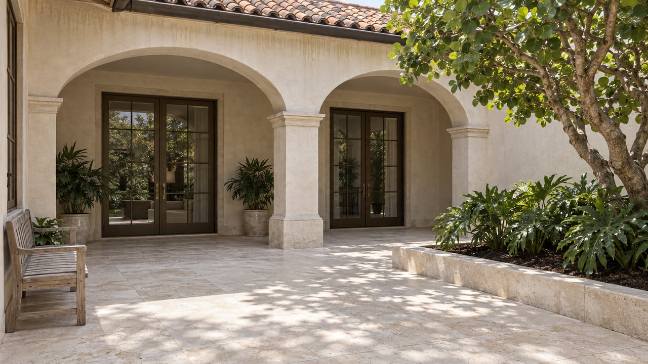 Cream stucco villa courtyard with arched loggia, closed bronze-framed glass doors, pale limestone terrace and a sculptural sea grape tree.