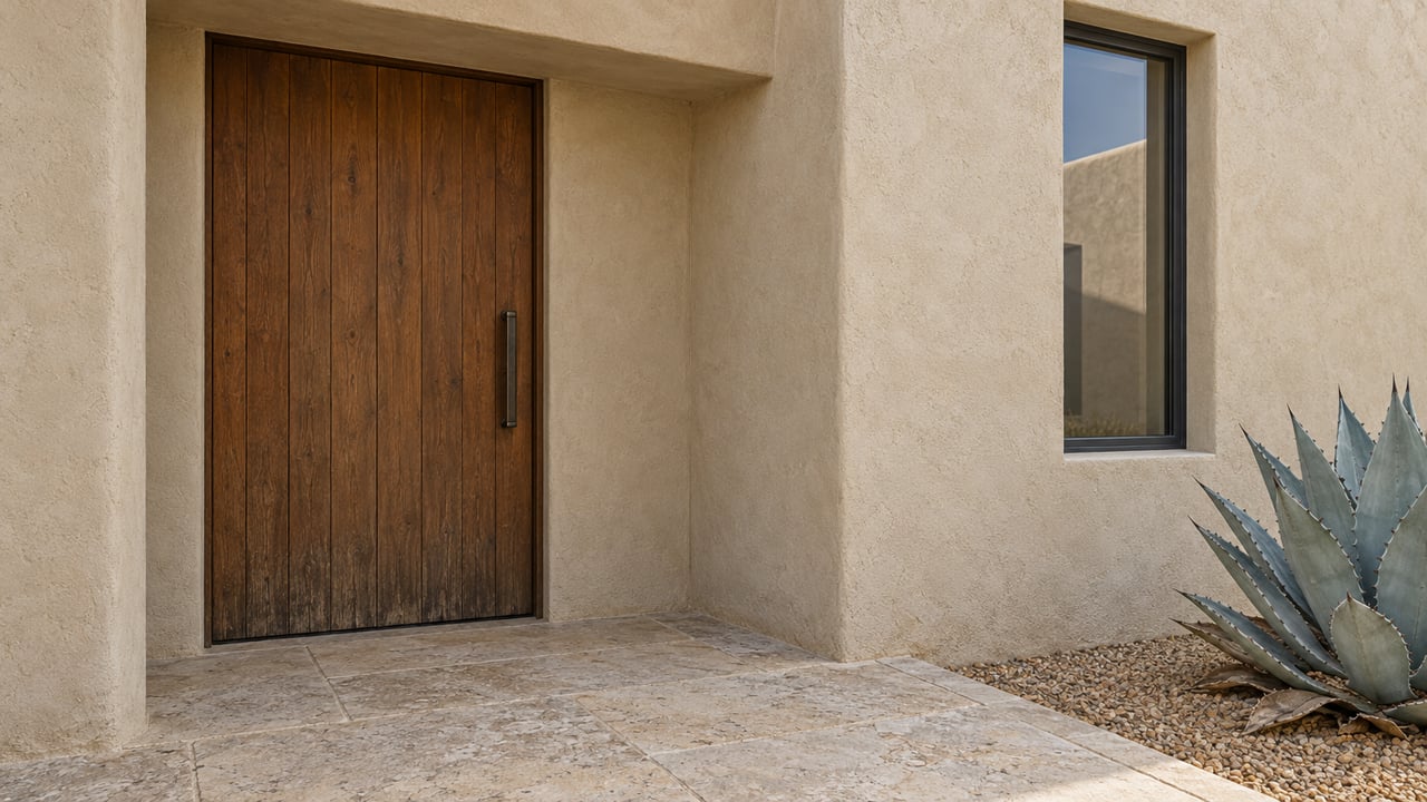 A recessed wooden entry door in thick cream stucco beside a narrow window, with limestone paving and a blue-gray agave.