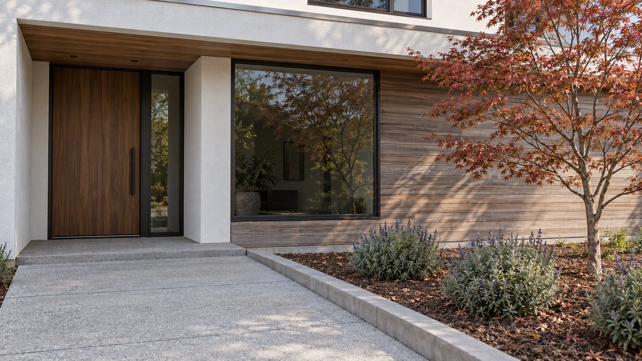 Sunlit contemporary home entry with weathered cedar siding, white stucco, dark-framed glazing and a copper-leaved Japanese maple beside a concrete approach.