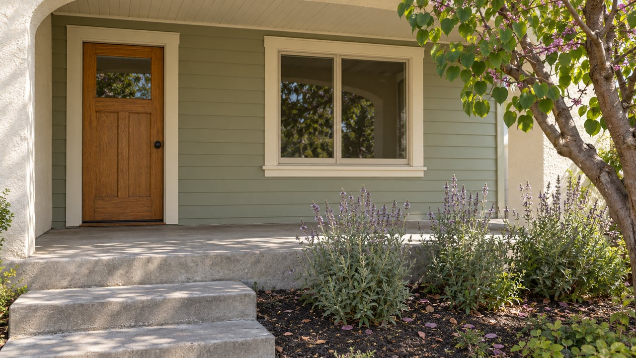 Cream stucco bungalow porch with a wood entry door, sage siding, concrete steps and silver-green garden planting.