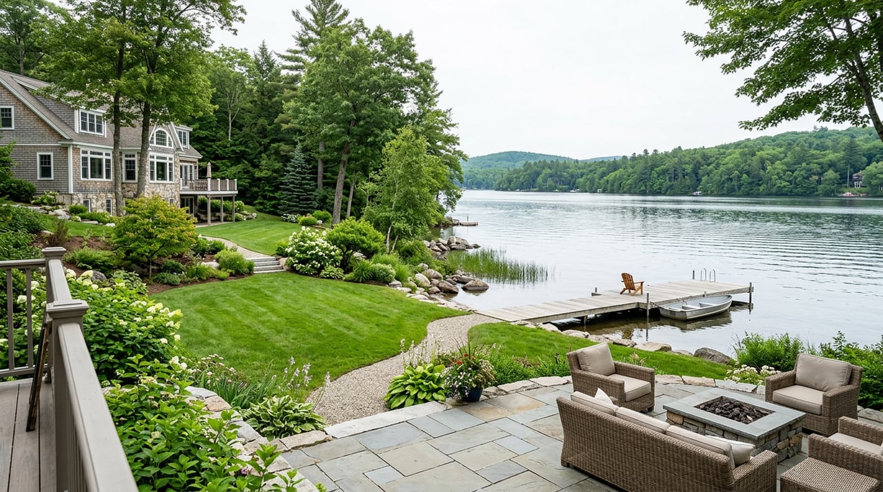 Lakefront home’s rear lawn slopes from a stone terrace toward a private dock at the water’s edge.