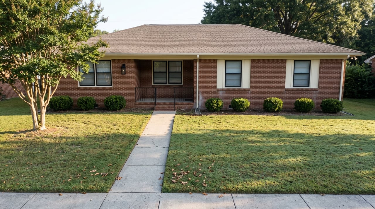 Brick ranch house behind a broad lawn, with a curved walkway, clipped shrubs, and a crape myrtle tree.