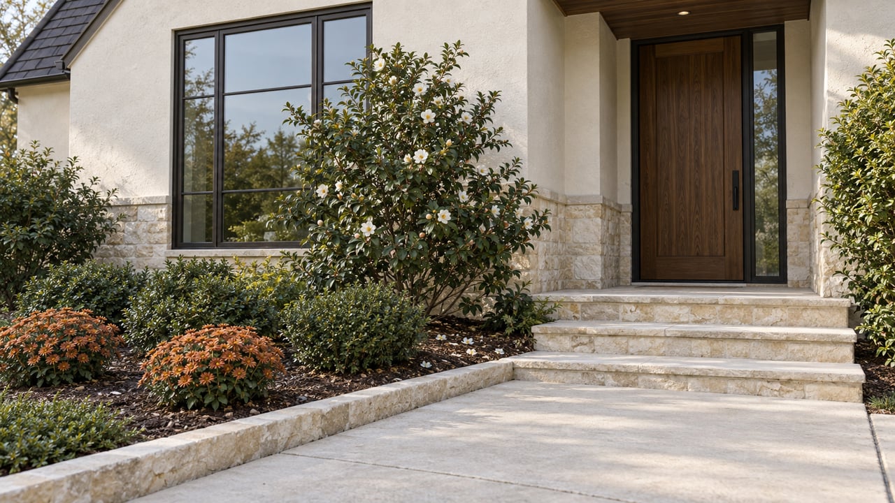 Stucco house entry with walnut door, limestone steps, white camellia flowers, and bronze chrysanthemums.