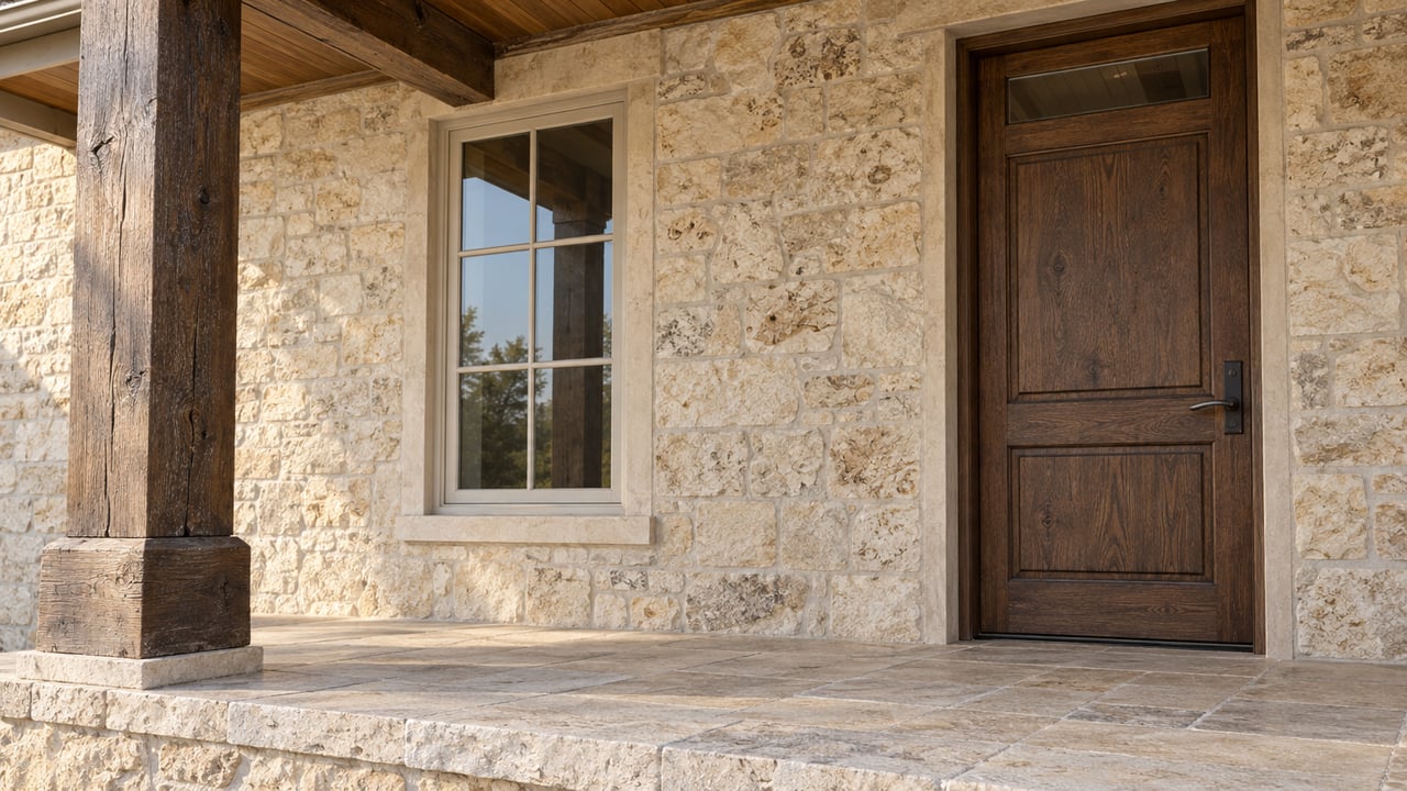 Morning light across a timber porch post, buff limestone entry wall and dark oak front door beside a divided-light window.