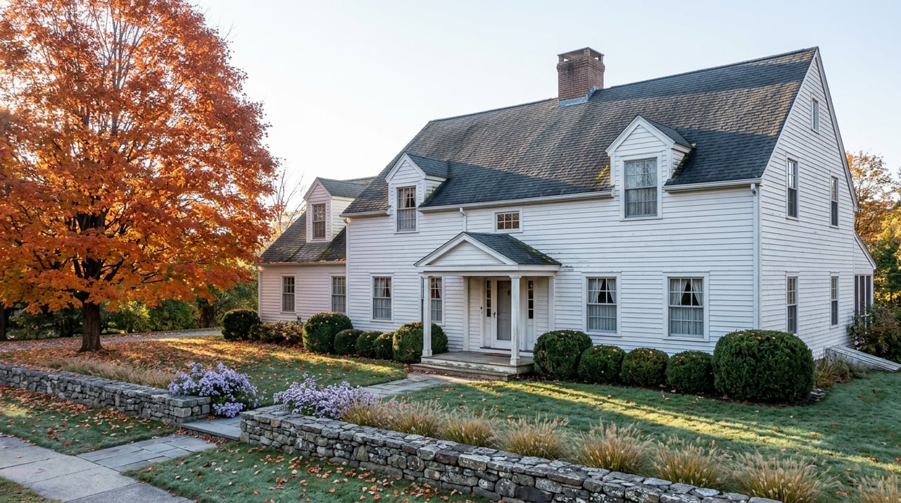 White Colonial house with two dormers behind a stone wall, beneath an orange-red maple canopy.