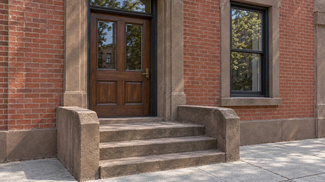 Sunlit red-brick residential entry with a walnut door, weathered brownstone steps and solid stone cheekwalls beside a gray sidewalk.