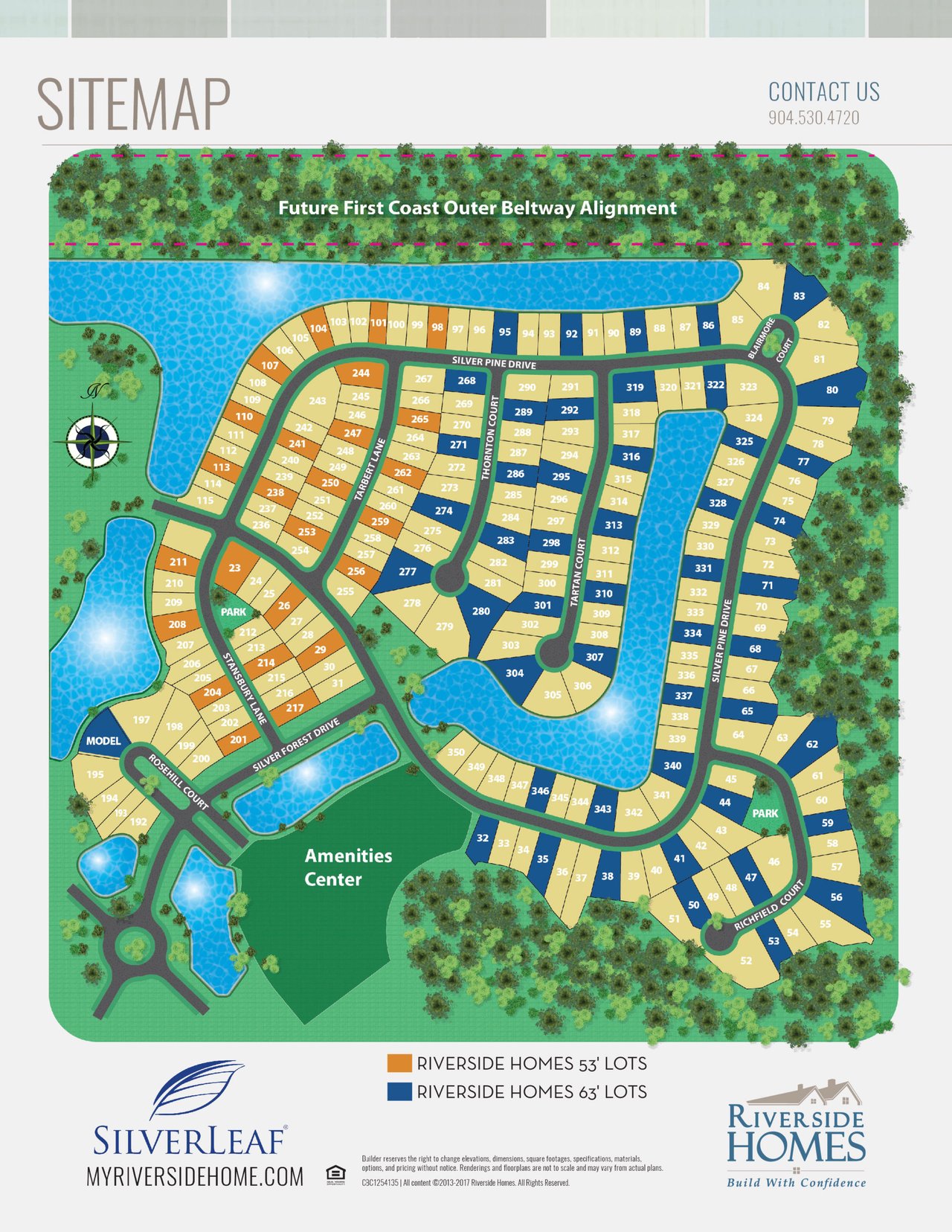Silverleaf Village sitemap with numbered lots, streets, ponds, parks, and an amenities center.
