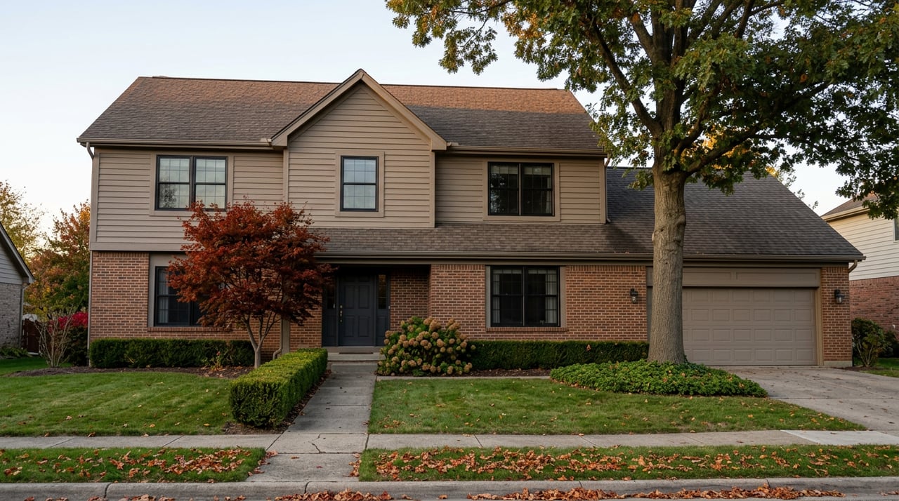 Two-story brick-and-taupe suburban home with a red-orange maple beside the entry and a white oak overhanging the roof.
