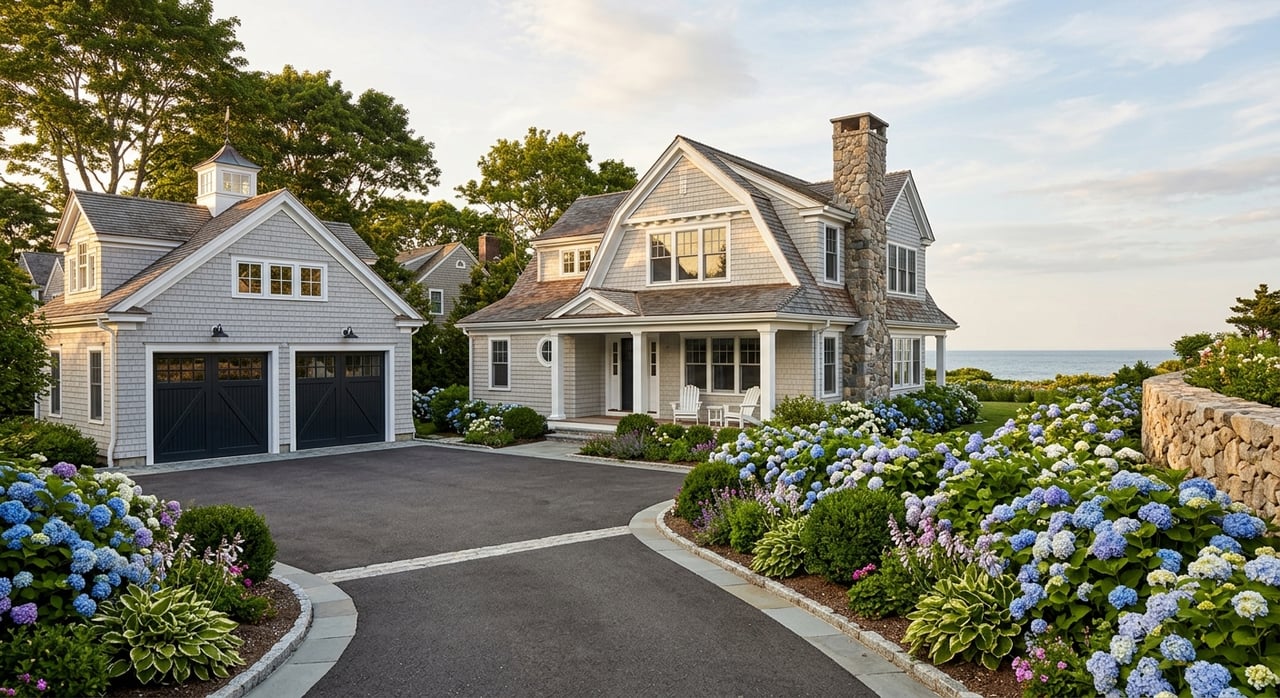 Two-car garage and warm-gray shingled home beyond a cobblestone driveway, with blue hydrangeas and clipped shrubs.