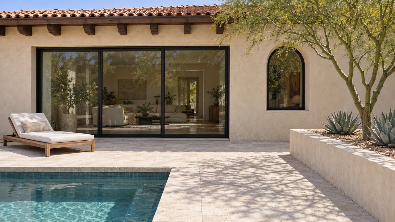Sunlit limestone pool terrace beside a cream stucco home with clay roof tiles, closed black-framed glass doors and a raised bed of blue palo verde and agaves.