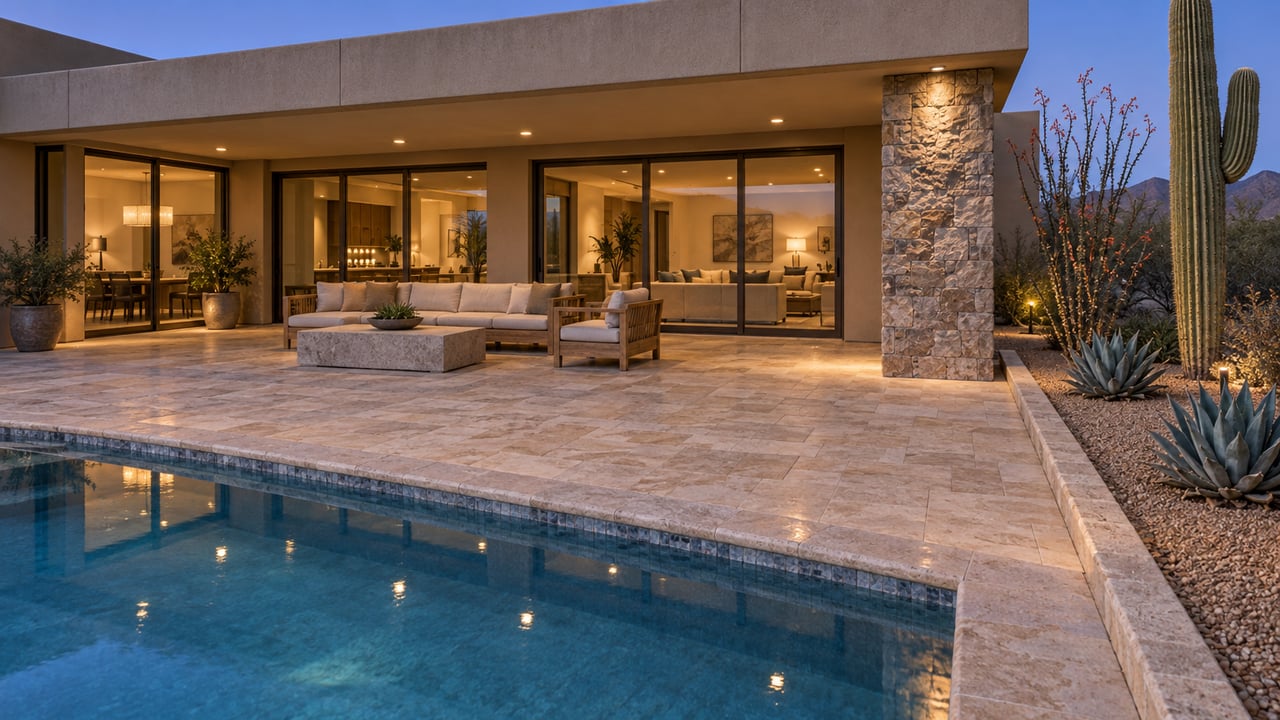 A softly lit stucco-and-stone home's covered terrace beside a pool, with sculptural cactus and agave in a gravel bed at blue hour.