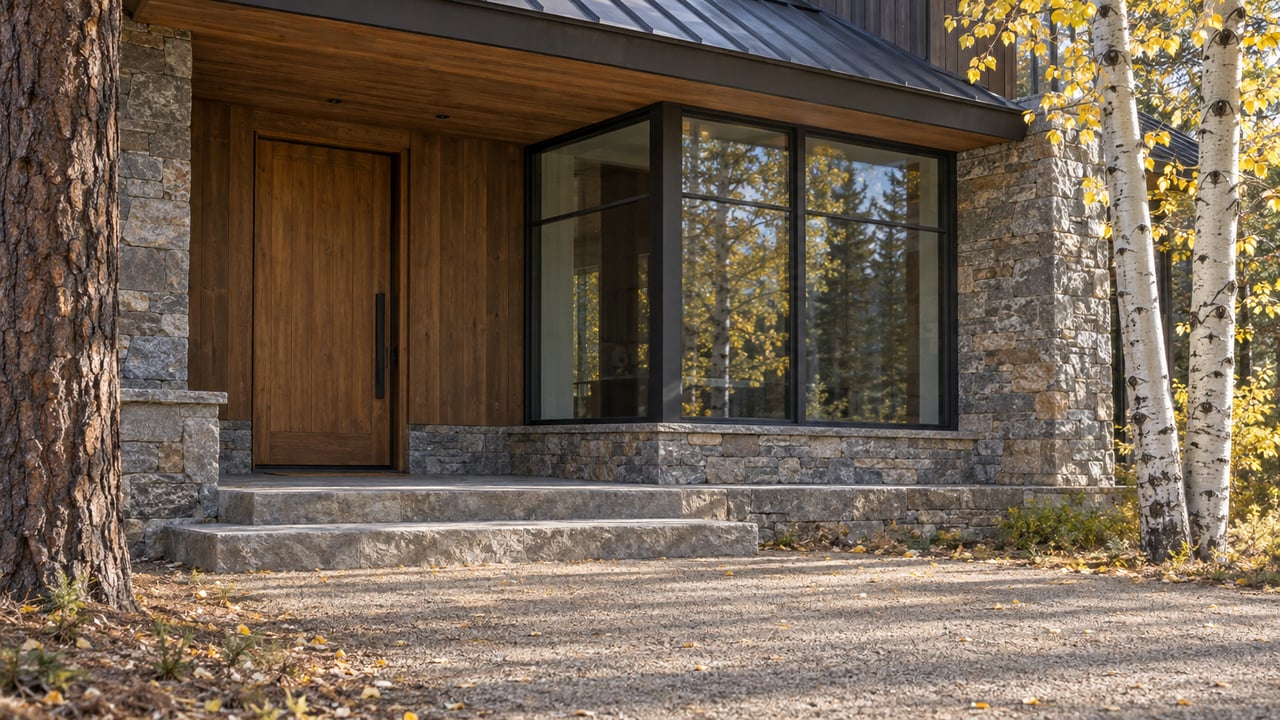 Timber entry door beside a steel-framed glass bay, stone steps, and aspen trunks.