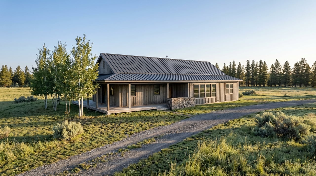 Rural home with weathered gray siding and a cedar deck, set amid a grassy meadow and pine-lined horizon.