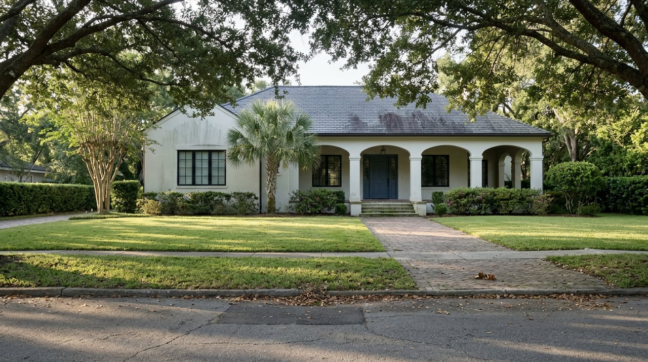 Stucco home with an arched terrace and navy door, set behind a broad lawn beneath arching live oaks.