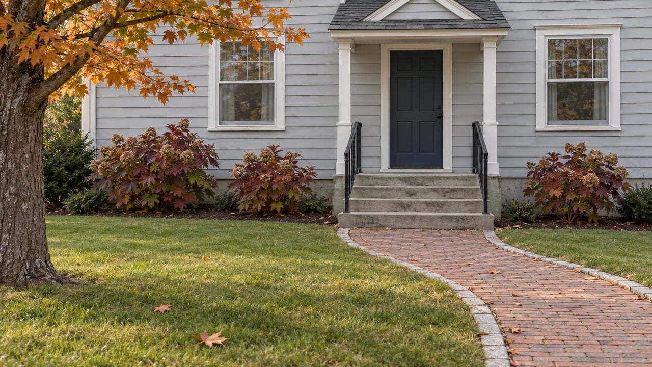 Pale gray clapboard home with a navy front door, weathered brick walk, concrete steps and autumn planting beside a broad lawn.