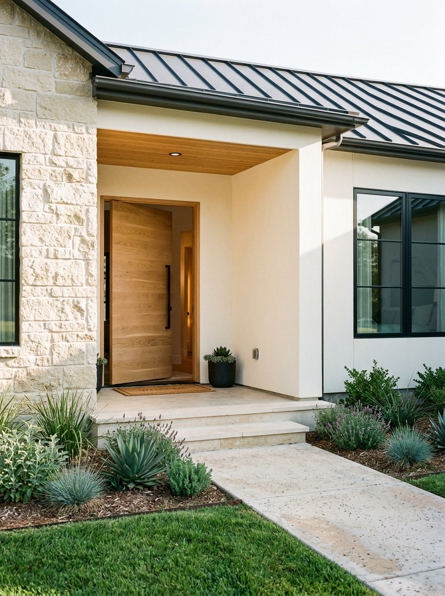 Limestone-and-white-stucco entry with black-framed windows, a concrete walkway, and drought-tolerant plants.