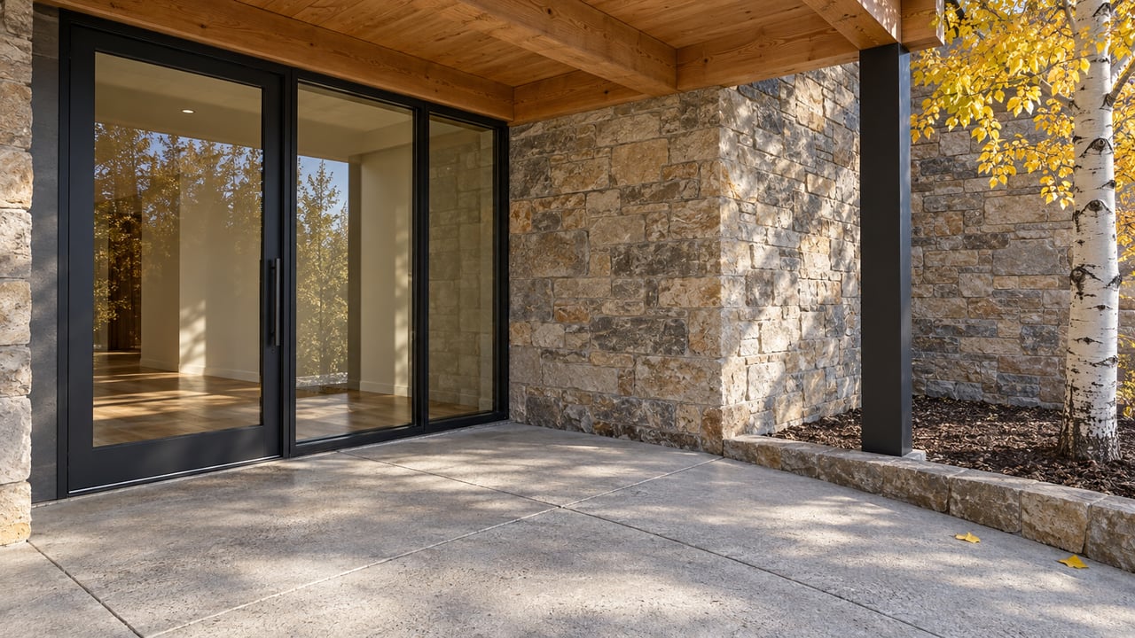 Autumn light on a timber-covered glass entry, sandstone wall and concrete terrace beside a golden-leaved aspen.