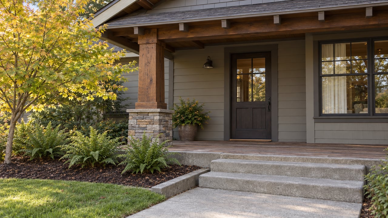 Home exterior with a covered porch, timber posts, stone bases, and autumn landscaping.