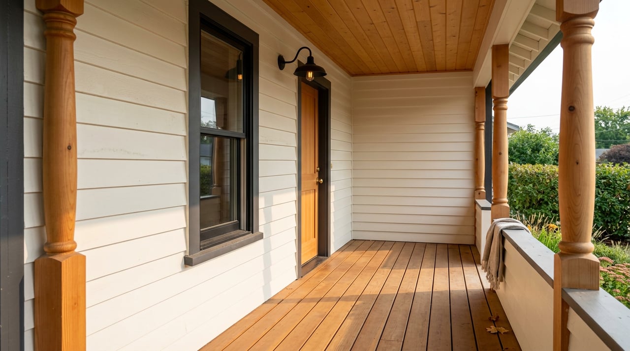 Covered porch with cedar decking, turned wooden posts, clapboard wall, and hedge beyond the rail.