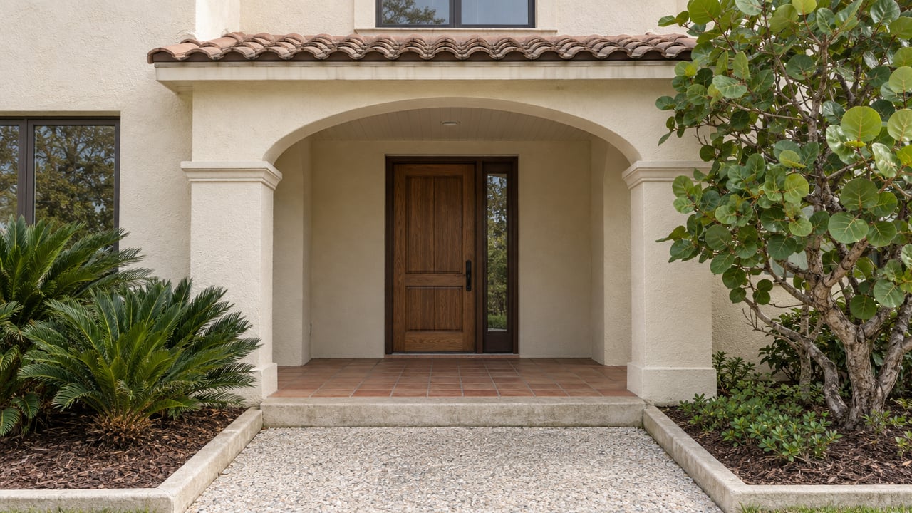 An ivory stucco home with an arched porch, terracotta paving, an oak front door and carefully spaced tropical planting.