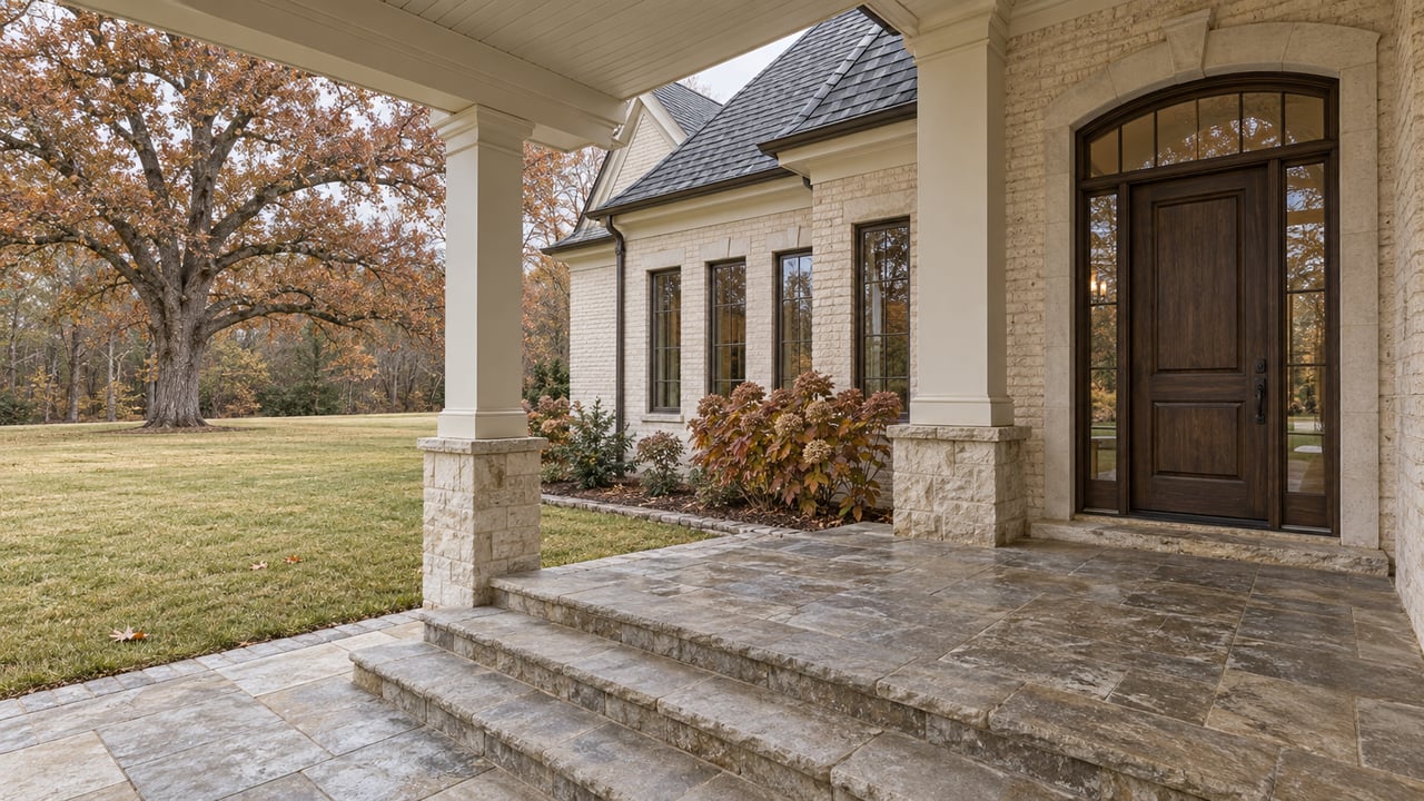 Covered limestone porch beside a cream brick home, overlooking an autumn lawn and mature oak.
