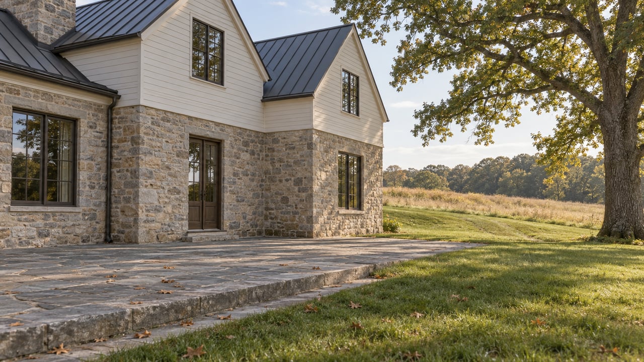Country house with limestone walls and dark gables beside a grassy slope and mature white oak.