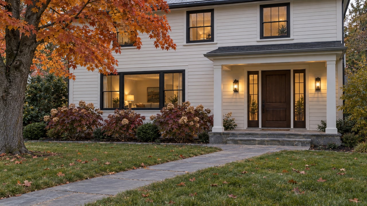Ivory clapboard home at autumn dusk with black-framed windows, a warm illuminated entrance, bluestone walk and copper-colored maple foliage.