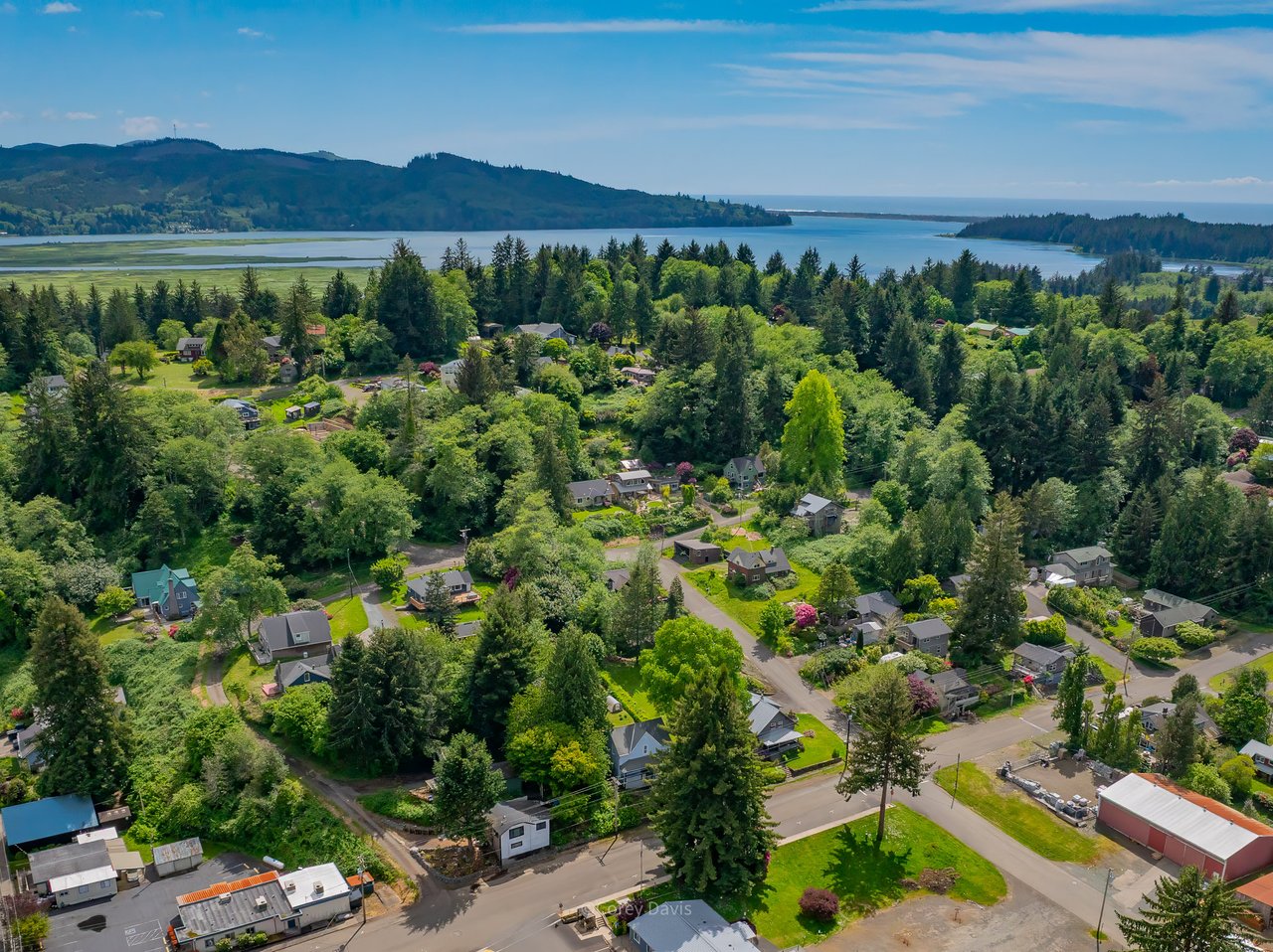Aerial view of downtown Nehalem surrounded by mature trees, residential streets, and the waters and wetlands of Nehalem Bay.