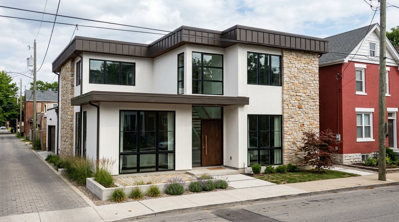 Two-story modern home with white stucco, limestone walls, dark metal rooflines, and black-framed windows.