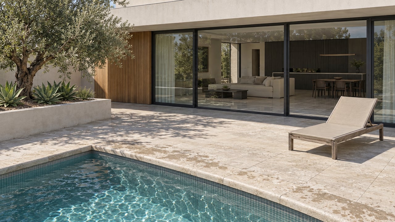 Elevated view of a limestone pool terrace beside a cedar-and-stucco home, with full-height glass and a sculptural olive tree in a raised planter.