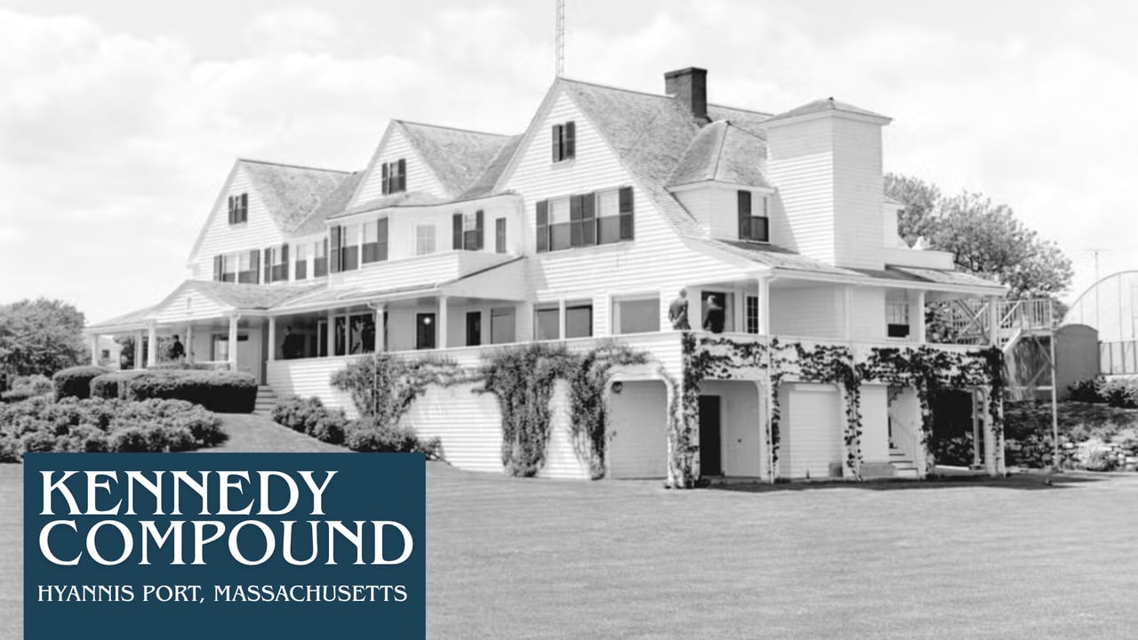 Kennedy Compound in Hyannis Port, with its large white house, broad porch, and ivy-covered walls.