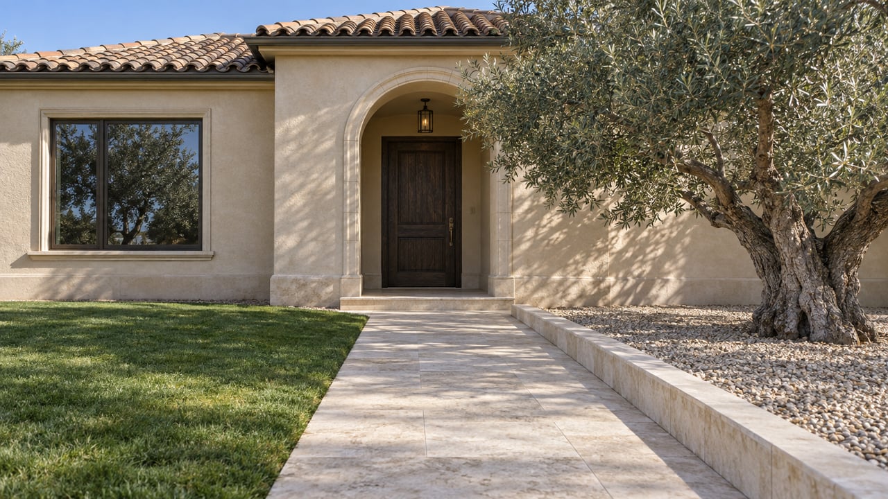 Sunlit stucco home with a recessed arched oak entry, terracotta tile roof, limestone approach, trimmed lawn, and mature olive tree.