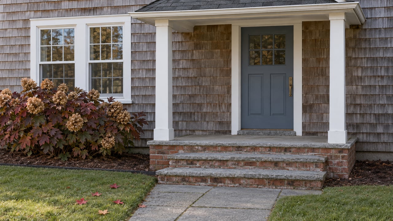 Cedar-shingled home entrance with a slate-blue door, white-trimmed windows, brick steps and autumn oakleaf hydrangea.