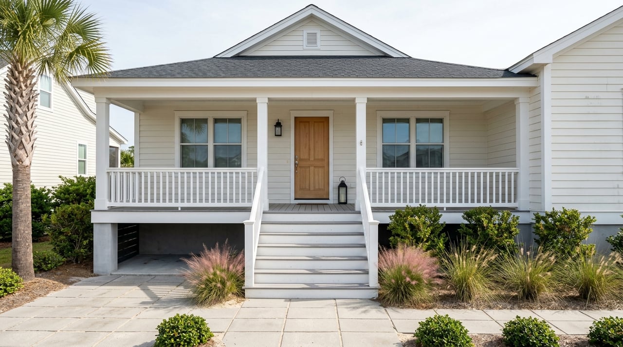 Elevated coastal home with a front porch, paver walkway, and dune planting.