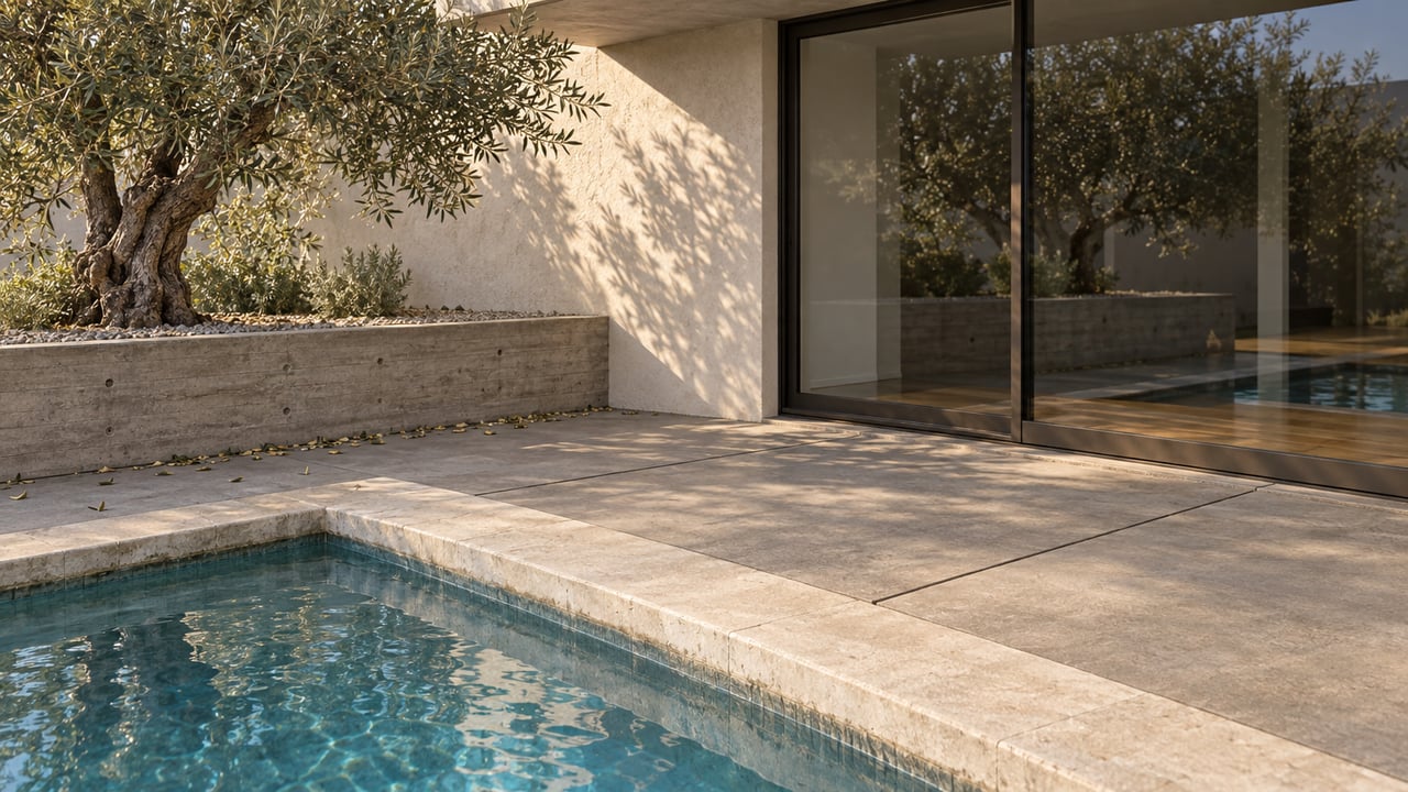 Pool corner beside a pale stone terrace, with an olive tree in a raised concrete planter and a glazed facade.