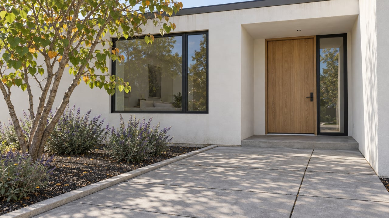 Sunlit white-stucco home with a recessed oak entry, black-framed window, concrete-paver approach and a sculptural redbud tree.