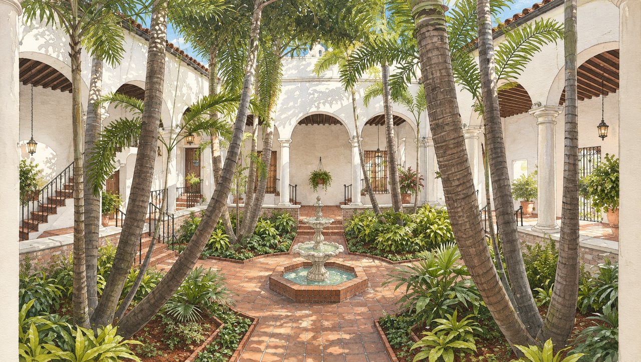 Residential courtyard with a central fountain, terracotta paving, palms, and white stucco arches.
