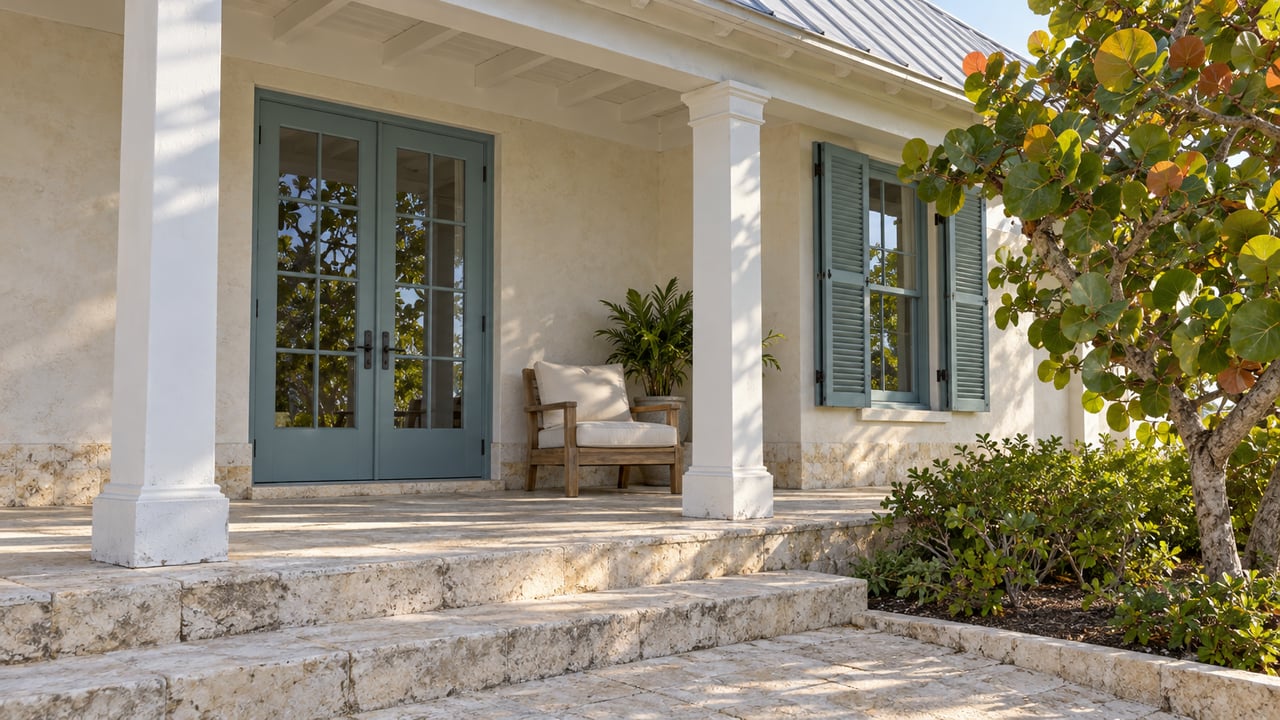 Cream coastal cottage veranda with blue-green doors and shutters, shell-limestone steps and a sea grape tree.