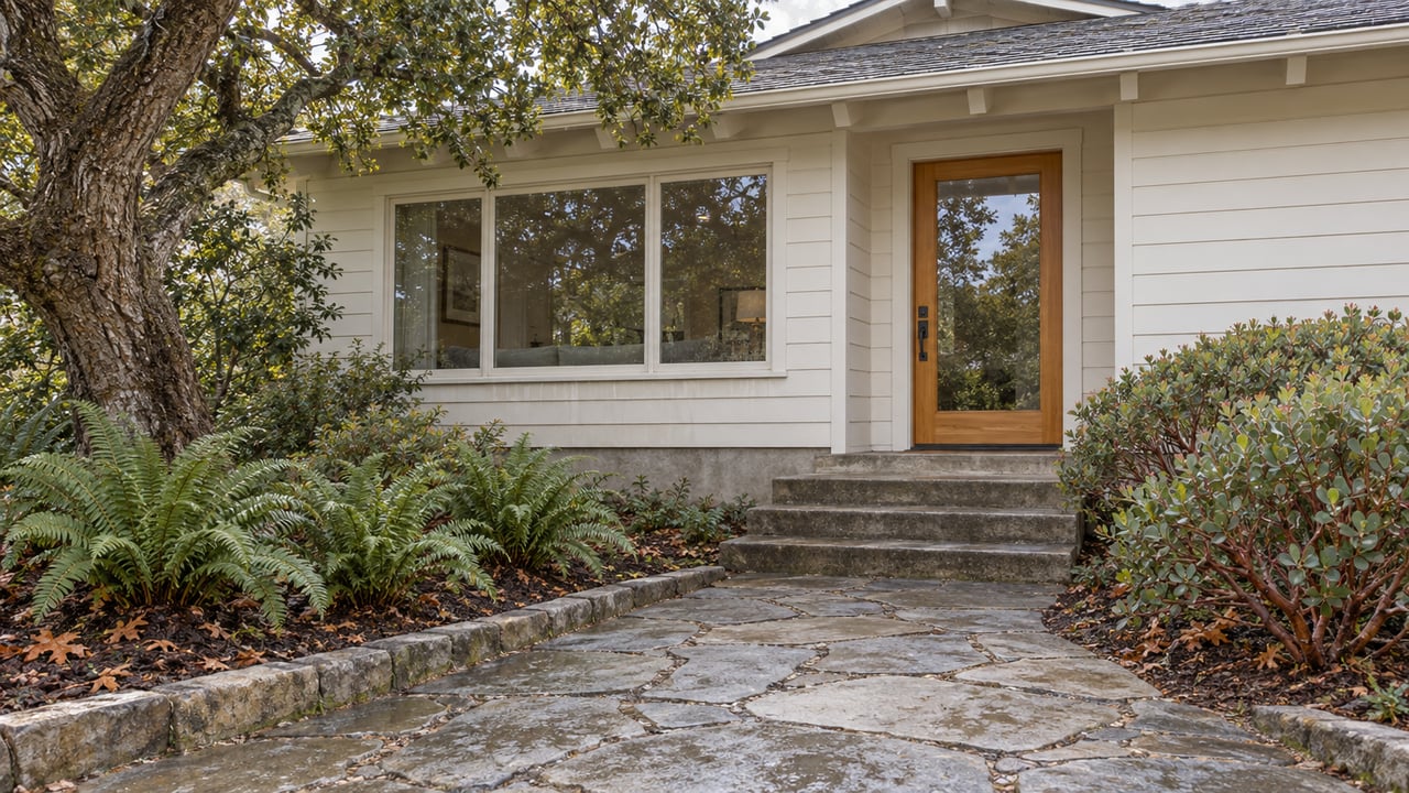 An off-white wood cottage with a glazed entry, broad sandstone approach, and carefully spaced native garden planting in soft autumn daylight.