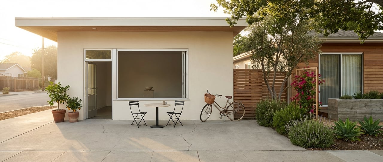 Mid-century stucco-and-cedar cafe corner with a small patio beneath olive and live oak trees.